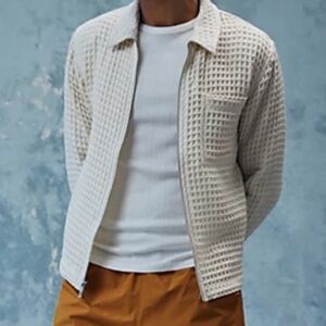 Urban Outfitters Waffle Knit Zip Shirt Jacket in Cream